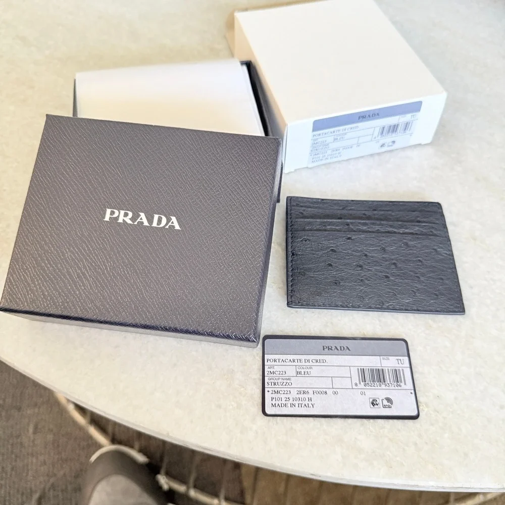 Prada Bleu Ostrich Leather Card Holder Wallet 2MC223‎ Struzzo Navy Blue Italy